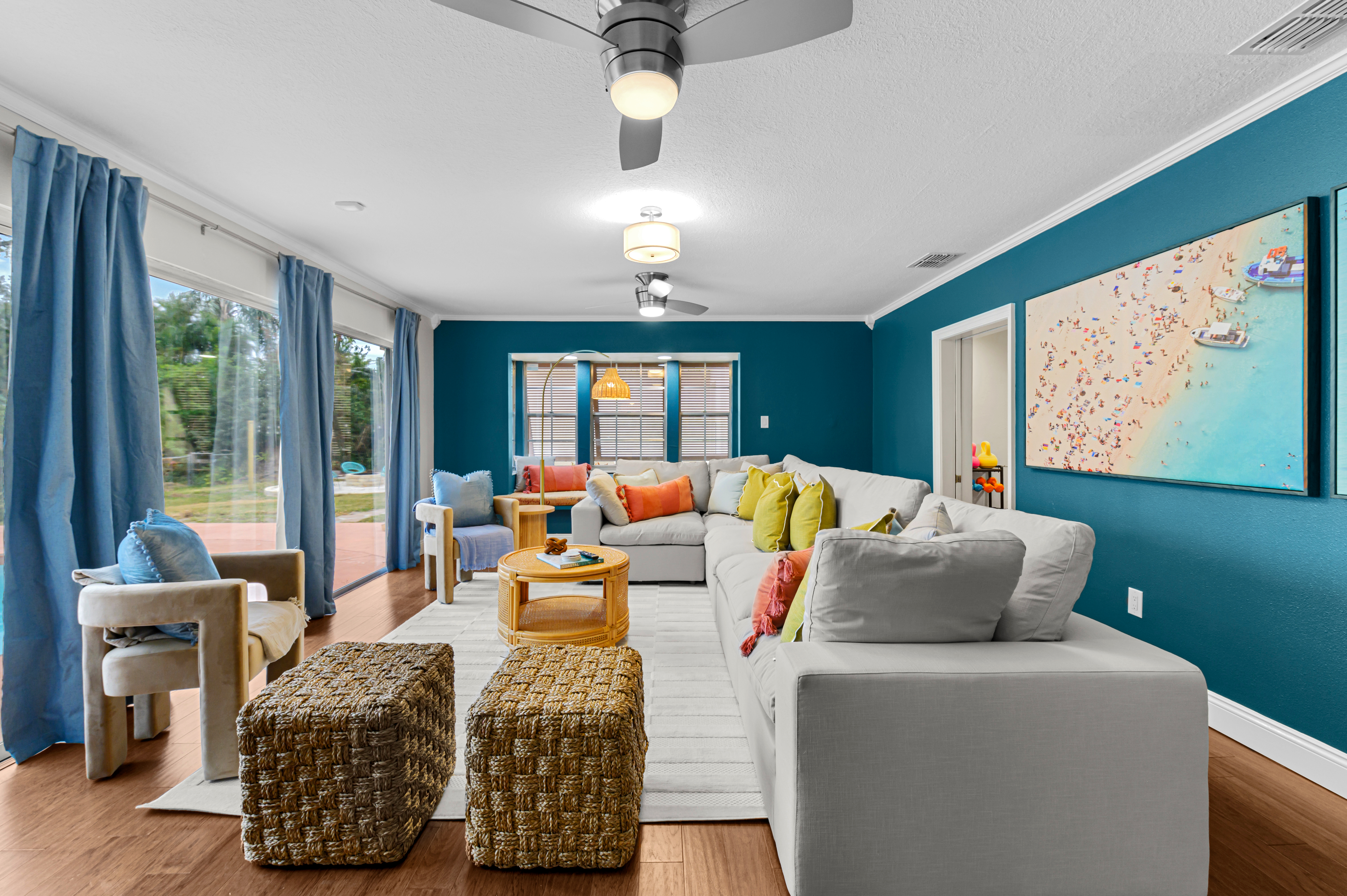 Outdoor patio and lounge area on the property at golden hour