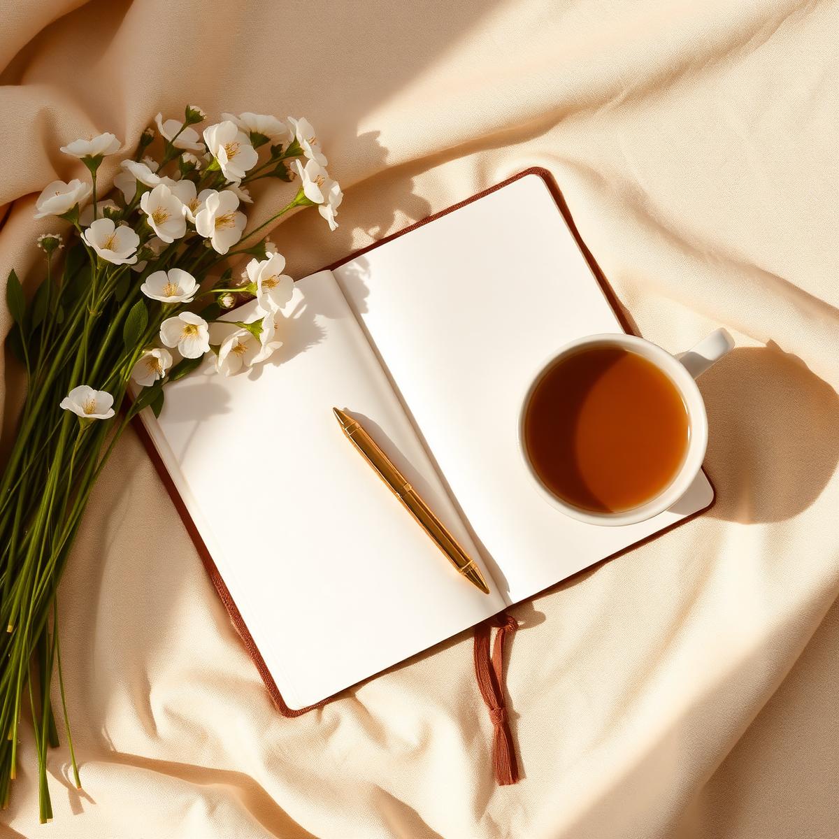 An open journal, gold pen, and morning tea